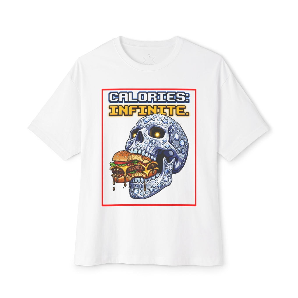 Skull & Burger Graphic Tee — "Calories: Infinite" / "Laugh Now, Cry Later" Oversized Boxy T-Shirt