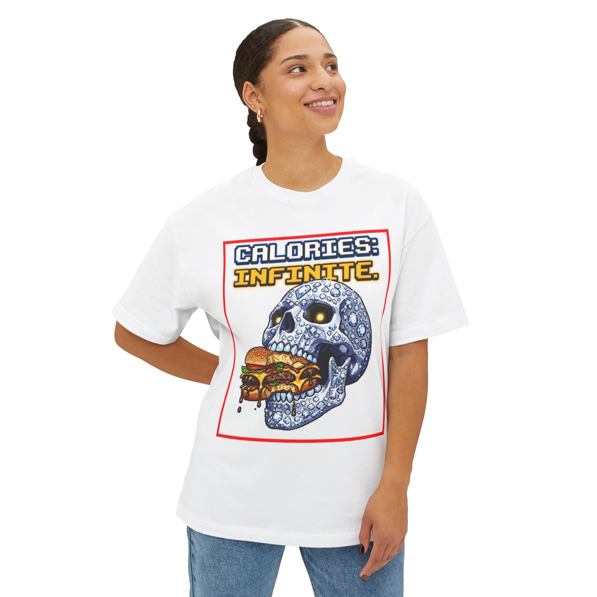 Skull & Burger Graphic Tee — "Calories: Infinite" / "Laugh Now, Cry Later" Oversized Boxy T-Shirt